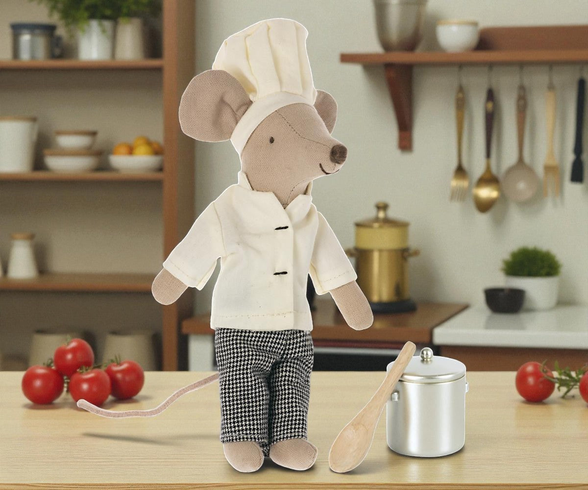 Kochmaus mit Suppentopf und Löffel